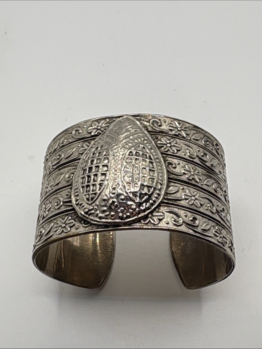 Silver Artisian Floral Wide Cuff Bracelet with Textured Teardrop Accent 8”